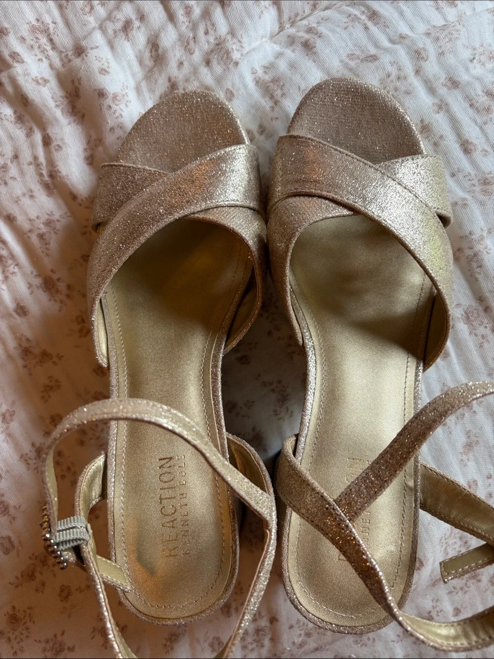 Kenneth Cole Reaction Metallic Gold Crisscross Platform Block Heels